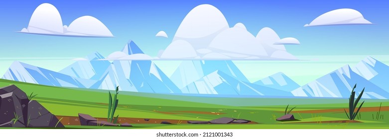 Green meadows and white mountains on horizon. Vector cartoon illustration of summer landscape of valley with grass, stones, snow rocks on skyline and clouds in sky