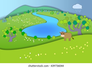 Green meadows,garden,trees,before the rain.Weather changes.Concept showing idyllic lifestyle.Paper cut style.Flat Illustration with smooth shadows.Summer landscape with fields,cow in the pasture