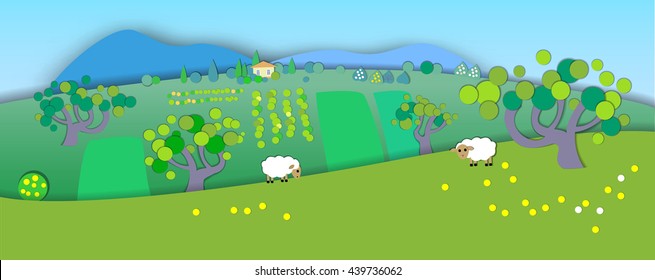 Green meadows,garden,trees.Change of seasons.Concept showing a peaceful and idyllic lifestyle.Paper cut style.Flat Illustration with smooth shadows.Summer landscape with fields,sheep in the pasture