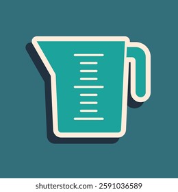 Green Measuring cup to measure dry and liquid food icon isolated on green background. Plastic graduated beaker with handle. Long shadow style. Vector