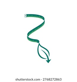 A green measuring tape curved into a leaf and arrow icon. It symbolizes eco-friendly measurements, body measurements, and dieting.