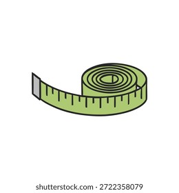 Una cinta métrica verde se enrolla con marcas claras de pulgadas y centímetros visibles en el material flexible.