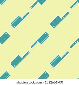 Green Meat chopper icon isolated seamless pattern on yellow background. Kitchen knife for meat. Butcher knife. Flat design. Vector Illustration