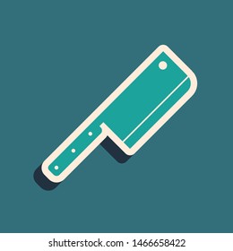 Green Meat chopper icon isolated on blue background. Kitchen knife for meat. Butcher knife. Long shadow style. Vector Illustration