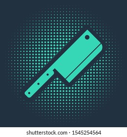 Green Meat chopper icon isolated on blue background. Kitchen knife for meat. Butcher knife. Abstract circle random dots. Vector Illustration