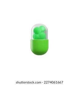 Green medical capsule, 3d vector illustration isolated on white background. Realistic pill mockup. Concepts of healthcare and pharmacy. 3d render of medicine drug - painkiller or antibiotic.