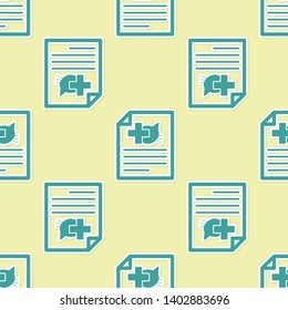Green Medical certificate for travel with dog or cat icon isolated seamless pattern on yellow background. Document for pet. Vector Illustration