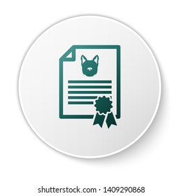 Green Medical certificate for travel with dog or cat icon isolated on white background. Document for pet. Dog or cat paw print. White circle button. Vector Illustration