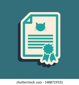 Green Medical certificate for travel with dog or cat icon isolated on blue background. Document for pet. Dog or cat paw print. Long shadow style. Vector Illustration