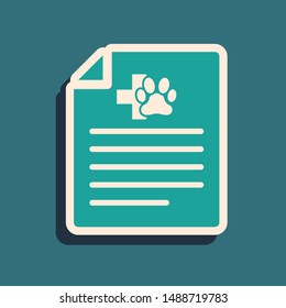 Green Medical certificate for travel with dog or cat icon isolated on blue background. Document for pet. Dog or cat paw print. Long shadow style. Vector Illustration