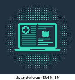 Green Medical clinical record cat on laptop icon isolated on blue background. Health insurance form. Prescription, medical check marks report. Abstract circle random dots. Vector Illustration