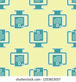 Green Medical clinical record on monitor icon isolated seamless pattern on yellow background. Health insurance form. Prescription, medical check marks report. Vector Illustration