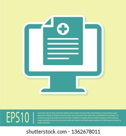 Green Medical clinical record on monitor icon isolated on yellow background. Health insurance form. Prescription, medical check marks report. Vector Illustration