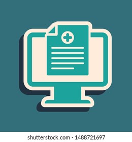 Green Medical clinical record on monitor icon isolated on blue background. Health insurance form. Prescription, medical check marks report. Long shadow style. Vector Illustration
