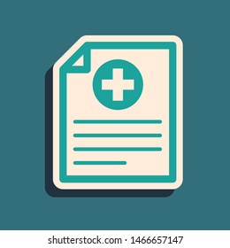 Green Medical clipboard with clinical record icon isolated on blue background. Health insurance form. Prescription, medical check marks report. Long shadow style. Vector Illustration