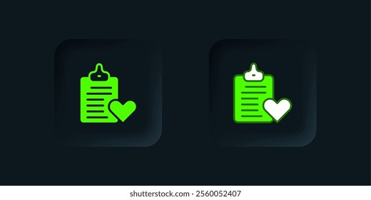 Green Medical clipboard with clinical record icon isolated on black background. Prescription, medical check marks report. Black square button. Vector