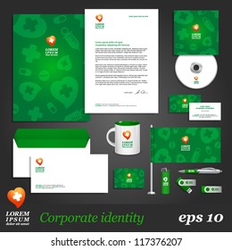 Green medical corporate identity template. Vector company style for brandbook and guideline. EPS 10