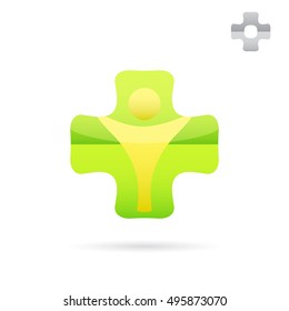 Green medical cross logo with human body shape inside, medical logo concept, 2d vector illustration isolated on white background, eps 10