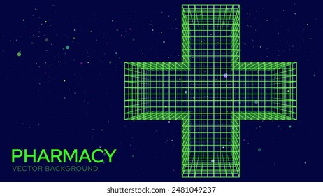 Green Medical Cross. Pharmacy Sign. Lines and Dots Aid and Health Care for Hospital Emergency Banner. Medical Symbol of Emergency Help. 3D Math Plus Vector Illustration.