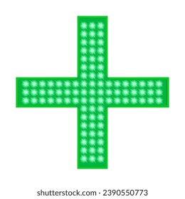 La cruz médica verde firma una ilustración vectorial realista. Señalización LED de farmacia. Más pizarra. Plantilla para el diseño