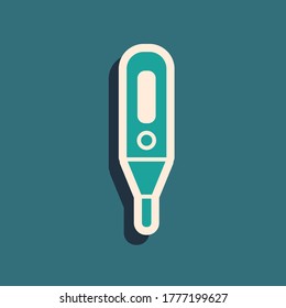 Green Medical digital thermometer for medical examination icon isolated on green background. Long shadow style. Vector Illustration