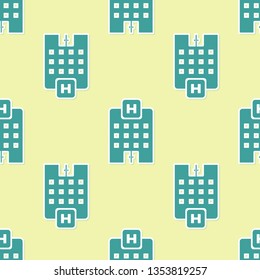 Green Medical hospital building with cross icon isolated seamless pattern on yellow background. Medical center. Health care. Flat design. Vector Illustration