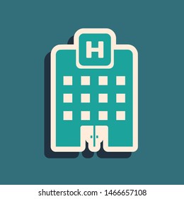 Green Medical hospital building with cross icon isolated on blue background. Medical center. Health care. Long shadow style. Vector Illustration