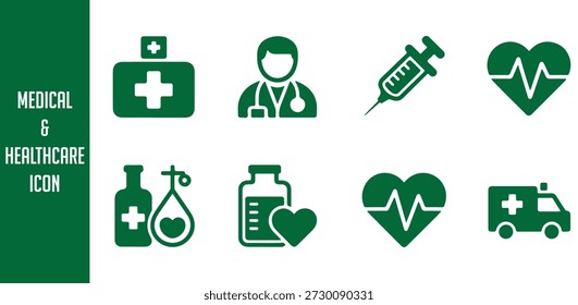 Green medical icon set with first aid kit, doctor, syringe, heartbeat, and ambulance for healthcare design