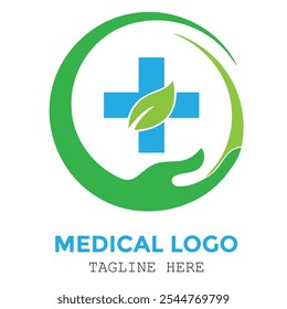 Green medical leaf sign with hands care professional logo design