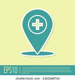 Green Medical map pointer with cross hospital icon isolated on yellow background. Flat design. Vector Illustration