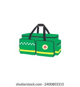 Green medical paramedic medic large bag pouches pocket zip straps first aid emergency responder life saving professional equipment supplies kit gear isolated vector illustration red cross rescue tools