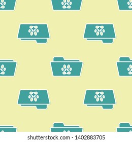 Green Medical veterinary record folder icon isolated seamless pattern on yellow background. Dog or cat paw print. Document for pet. Patient file icon. Vector Illustration