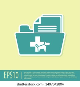 Green Medical veterinary record folder icon isolated on yellow background. Dog or cat paw print. Document for pet. Patient file icon. Vector Illustration