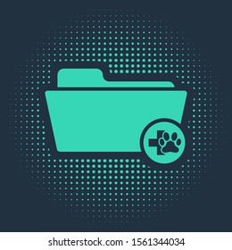 Green Medical veterinary record folder icon isolated on blue background. Dog or cat paw print. Document for pet. Patient file icon. Abstract circle random dots. Vector Illustration