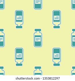 Green Medical vial, ampoule, bottle icon isolated seamless pattern on yellow background. Vaccination, injection, vaccine healthcare concept. Vector Illustration