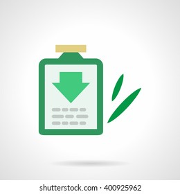 Green medicine bottle with arrow on white label and leaves. Pharmacy theme. Organic nutritional supplements