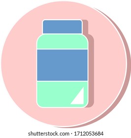 A green medicine bottle with blue label and lid icon vector isolated on pink circle background. 