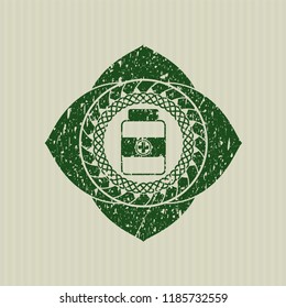 Green medicine bottle icon inside distress rubber grunge texture stamp