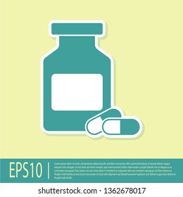 Green Medicine bottle and pills icon isolated on yellow background. Bottle pill sign. Pharmacy design. Vector Illustration