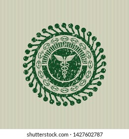 Green medicine icon inside distress grunge style stamp