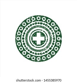 Green medicine icon inside distressed grunge seal
