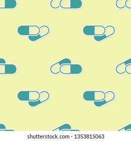 Green Medicine pill or tablet icon isolated seamless pattern on yellow background. Capsule pill and drug sign. Pharmacy design. Vector Illustration