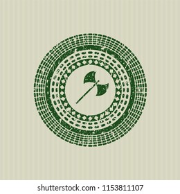 Green medieval axe icon inside distressed grunge style stamp
