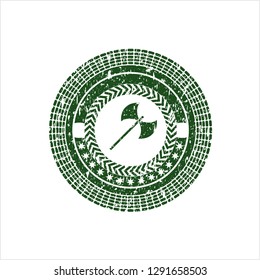 Green medieval axe icon inside distress grunge style stamp