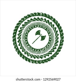Green medieval axe icon inside distress rubber stamp with grunge texture