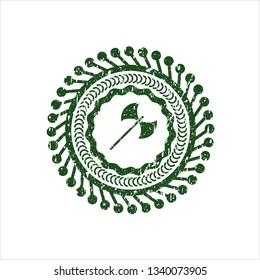 Green medieval axe icon inside distress grunge stamp