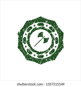 Green medieval axe icon inside distressed grunge style stamp
