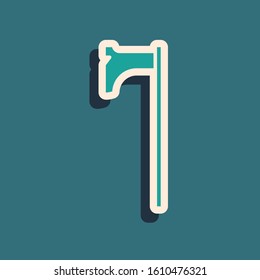 Green Medieval axe icon isolated on blue background. Battle axe, executioner axe. Medieval weapon. Long shadow style. Vector Illustration