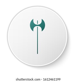 Green Medieval axe icon isolated on white background. Battle axe, executioner axe. Medieval weapon. White circle button. Vector Illustration