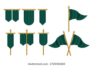 Anuncios medievales verdes y banderas con postes dorados, banderines decorativos reales aislados sobre fondo blanco. Fantasía elegante, reino, heráldica y diseño de Vector histórico.